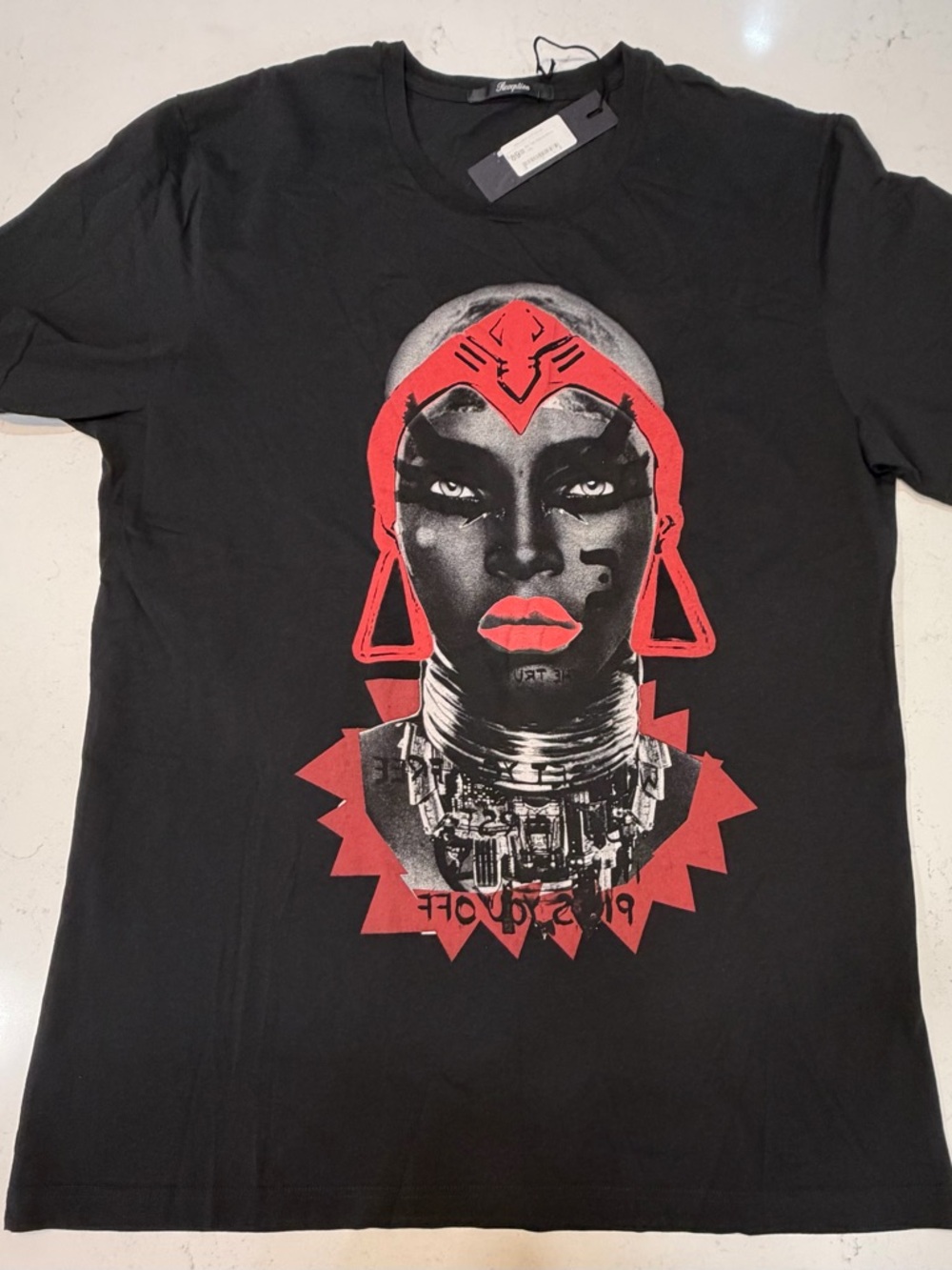 Graphic Black Tee with Bold Red & Silver Portrait